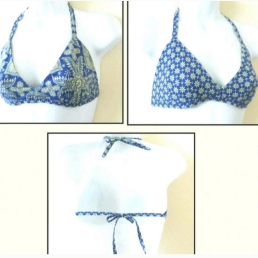 Reversible Bikini Top African Cotton Size Med Blue Yellow Pattern